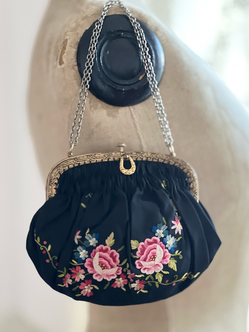 1940s Vintage French Tambour Embroidered Handbag Purse with Mini Mirror